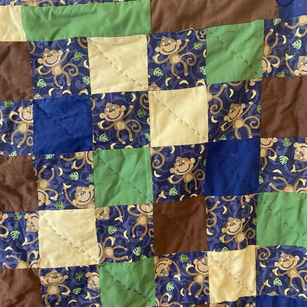 Vintage Hand Sew Quilted Patchwork Baby Blanket Monkey Jungle 52x35” Multicolor